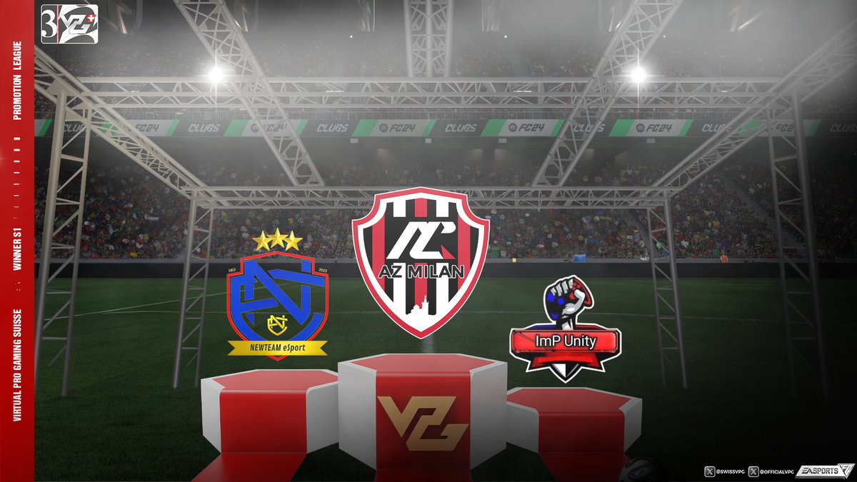 VPG Switzerland 🇨🇭 (@swissvpg) on Twitter photo voici les podiums de chaque ligue VPG suisse saison 1 :
RAIFFEISEN
1er - Abyssal Project
2ème - FC HzX
3ème - MGT Esport
CHALLENGE
1er - Unlimited
2ème - XI Nightmare
3ème - Abyssal FC
PROMOTION
1er - MGT Az Milan
2ème - NewTeam eSport
3ème - ImP'Unity
<a href="/OfficialVPG/">Virtual Pro Gaming</a> voici les podiums de chaque ligue VPG suisse saison 1 :
RAIFFEISEN
1er - Abyssal Project
2ème - FC HzX
3ème - MGT Esport
CHALLENGE
1er - Unlimited
2ème - XI Nightmare
3ème - Abyssal FC
PROMOTION
1er - MGT Az Milan
2ème - NewTeam eSport
3ème - ImP'Unity
<a href="/OfficialVPG/">Virtual Pro Gaming</a>
