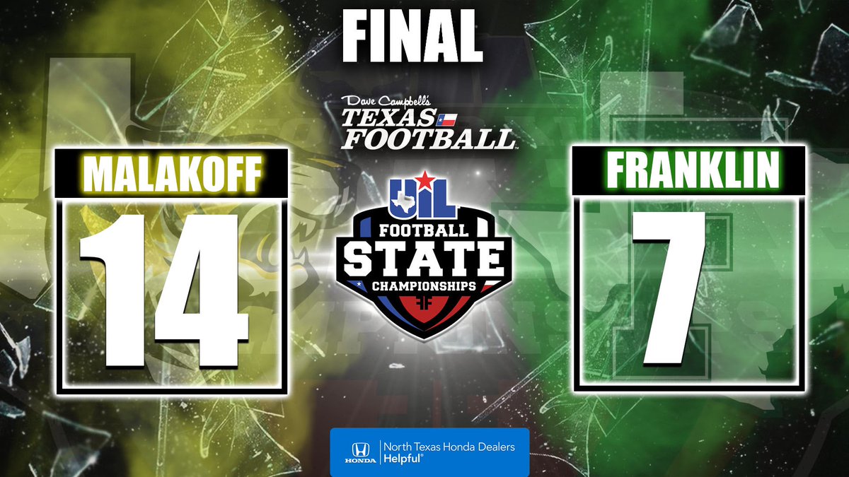 Dave Campbell's Texas Football β TexasFootball.com (@dctf) on Twitter photo Final:
<a href="/MalakoffFB/">Malakoff Football</a> 14
<a href="/franklin_lion/">Franklin ISD Athletics</a> 7
#UILState | #txhsfb | <a href="/NTXHondaDealers/">NTX Honda Dealers</a> Final:
<a href="/MalakoffFB/">Malakoff Football</a> 14
<a href="/franklin_lion/">Franklin ISD Athletics</a> 7
#UILState | #txhsfb | <a href="/NTXHondaDealers/">NTX Honda Dealers</a>