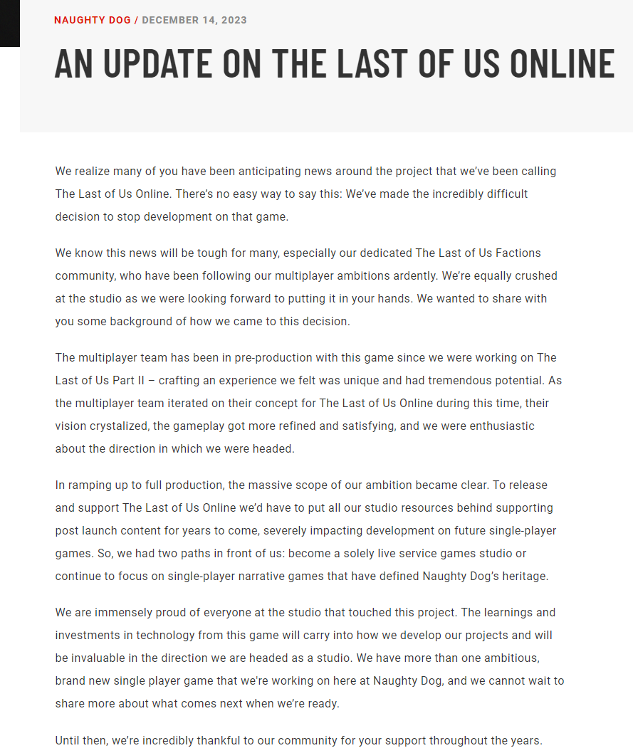 Naughty Dog has stopped development on The Last of Us Online naughtydog.com/blog/an_update…