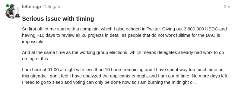 LefterisJP's tweet photo. 📢 Bit longer post for my @ensdomains / @ENS_DAO delegators.

I just voted in the Service Provider Proposal votes and my god I am exhausted.

First of let me start by re-iterating my complaint from last week. The DAO is giving out $3.6m and asks us to judge 28 projects in less than 10 days.

We are volunteers and do this on our free time in those days, so 10 days is not enough. It's 01:30 at night in Berlin and I am doing this instead of sleeping as I am out of time.

Now onto the voting.

Many of the proposals did not read the scope of the program and were off-topic. This was quite annoying to see as they put on a lot more work on the delegates.

I voted for:  @namesys_eth, @NamehashLabs, unruggable (@GUA) , @namespace_eth, @blockful_io, The interceptor (@MicahZoltu), Wildard labs(@stevegachau), @eth_limo, wayback-machine.eth  (anyone knows who to tag?)

The current results can be seen below

And finally one last complaint. I saw delegates with projects in the round voting for their own projects. 

There is no rule against self-dealing in ENS but it's really really sad to see such a blatant disregard for conflicts of interest.

This really needs to be addressed in future votes. And yes I do understand that people delegate to you so they may also like your project, but this is a false equivalence.

Conflict of interest is a really serious issue and the only way to not hit it is to not participate as an applicant or not vote (for your project) as a delegate. You can ask people who want to support your project to temporarily redelegate to someone else. I can't stress enough how serious a violation this is.

--------

For my more in-depth reasoning check: https://t.co/7Oo4vwY3GB
For the vote: https://t.co/PCUFI19L4d