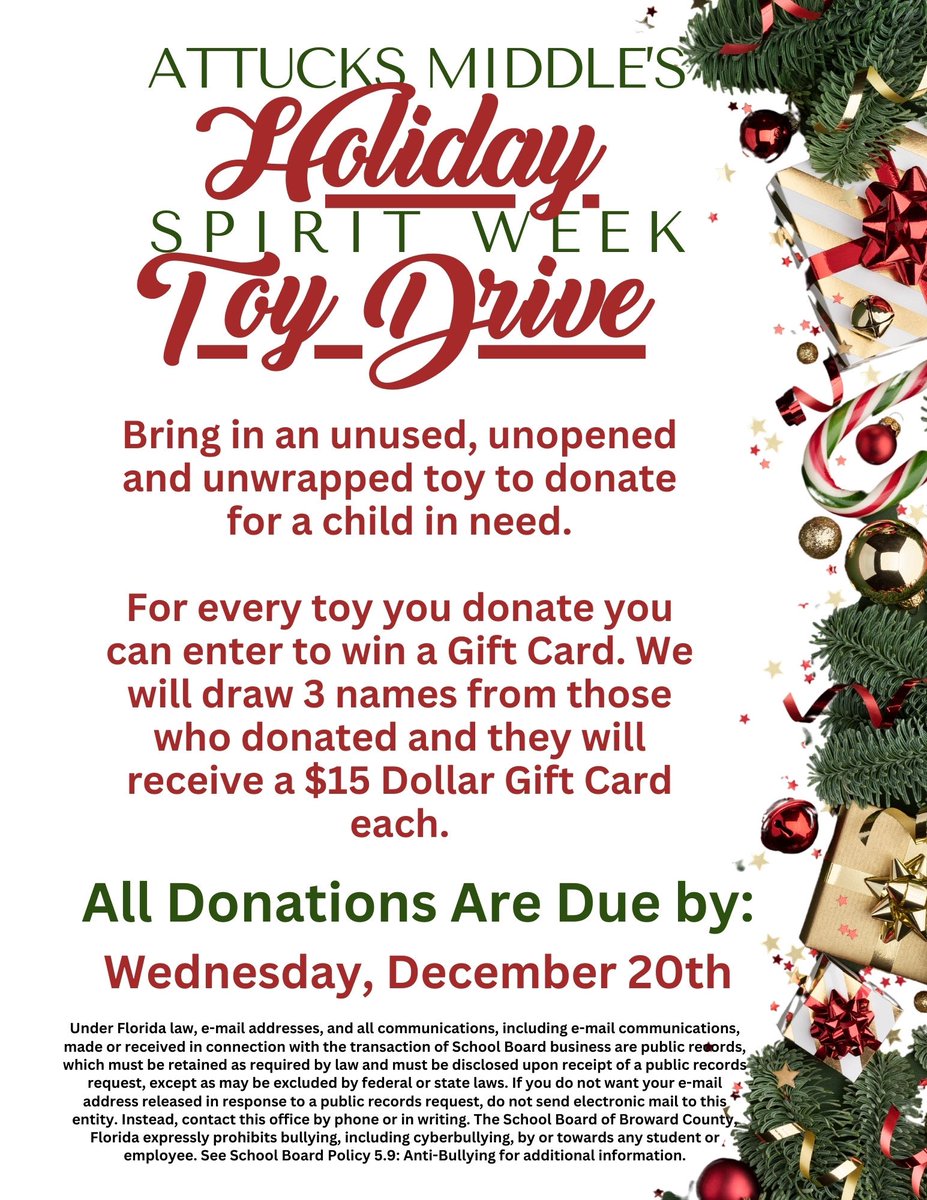 Spirit week and the Holiday Toy Drive is in effect. Bring your holiday cheer and joy to others. @CassandraAdder2 @AlanStraussbcps @FACE_BCPS @FatimaWillims @AP_Centrone @KesiaJean