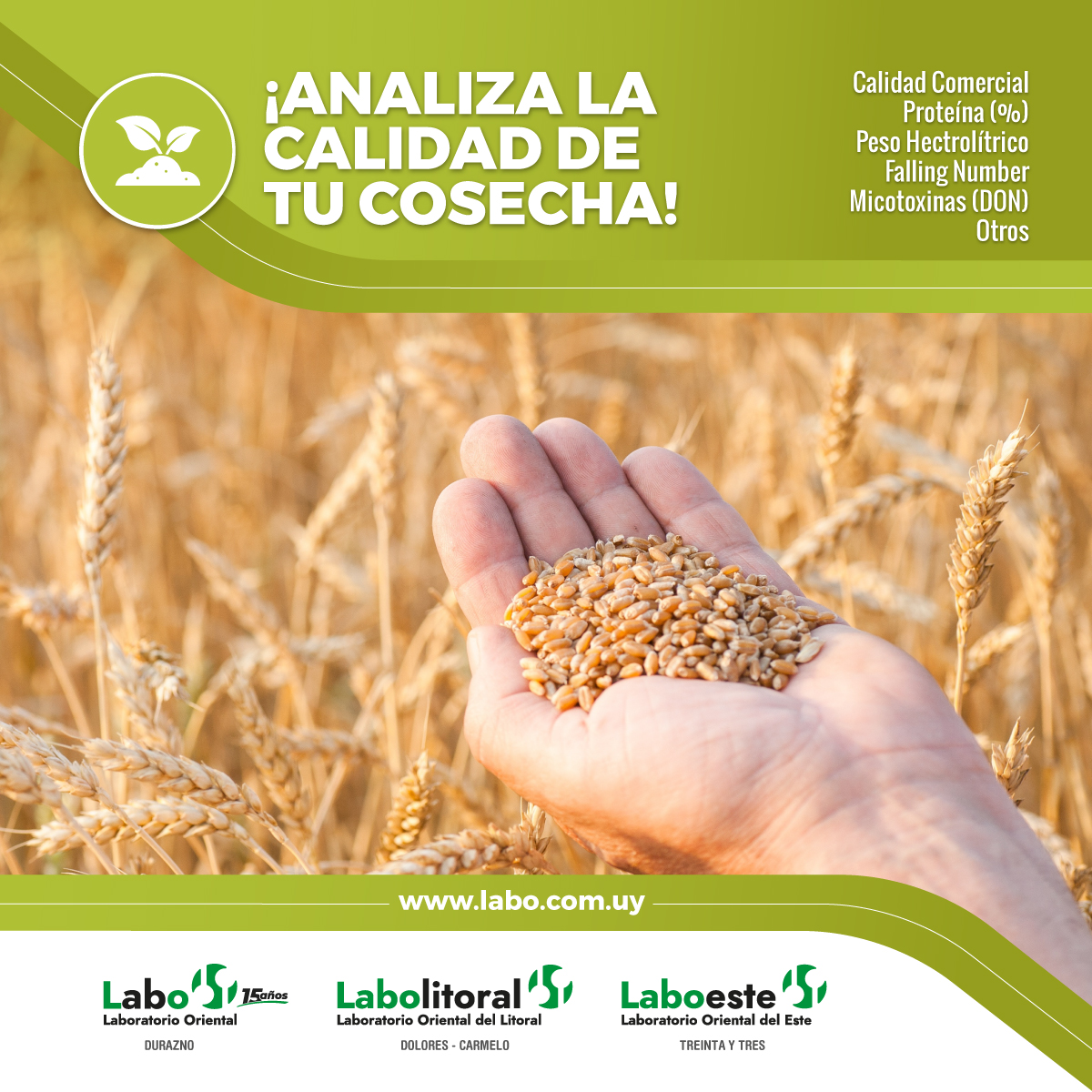 ¡Analiza la calidad de tu cosecha!
Somos Laboratorio Oriental, Calidad en Análisis
CONSULTAS GENERALES
+598 97 730 755 (llamada o whatsapp)