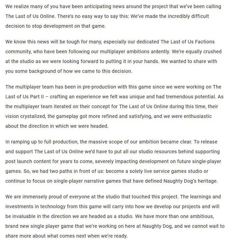 Naughty Dog Cancels Production of The Last of Us Online. Why?