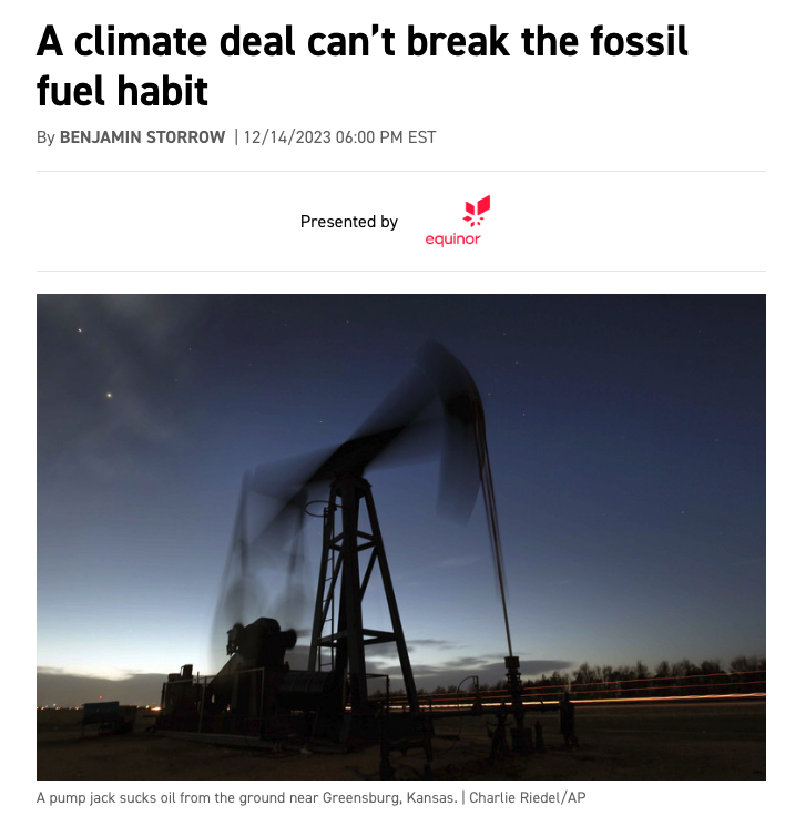 Politico's Energy newsletter declaring #COP28 won't impact fossil fuels, sponsored by...a fossil fuel company.