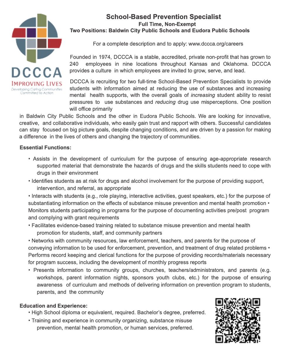 Job Opportunity - DCCCA is hiring two school-based prevention specialists. - one will be housed in Eudora and the other in Baldwin.
