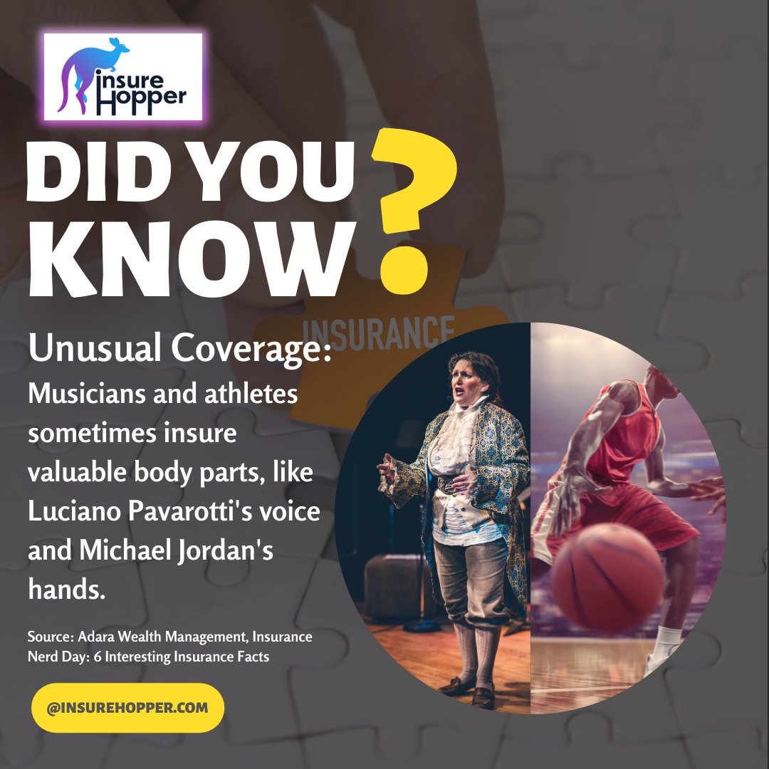 Insurehopper's tweet image. Interesting Insurance Facts from Insurehopper.com
Did you know that musicians and athletes sometimes insure valuable body parts, like Luciano Pavarotti's voice and Michael Jordan's hands.
#Insurance
#InsuranceCoverage
#InsureYourFuture
#ProtectWhatMatters
#Trivia
#Funfacts