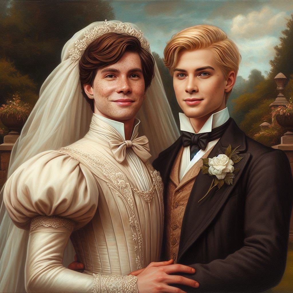 Felt so inspired by Trap’s art, I had to create their wedding portrait in BingAI. I’m crying, screaming, and throwing up. I love them so much. 😭🧑🏻‍❤️‍🧑🏼💕💖 Thank you <a href="/mouth_crazy/">Trappezoider</a> for your amazing work as always. I love you 😍

#MyEdit #BingAI #Sebinis