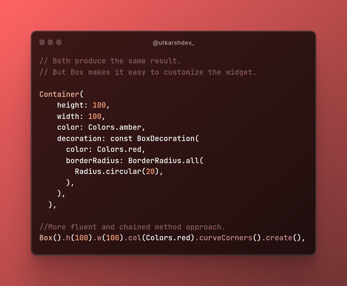 utkarshdev_'s tweet photo. Introducing the all new Box class,
Easily generate Container and decorate them using method chaining ⛓️.

Link - [https://t.co/L9EpEAHrEl…]

#flutterdev #flutter #buildinpublic #coding #programming #dartlang #dartpackage #xlerate. https://t.co/lzuXauAkCs