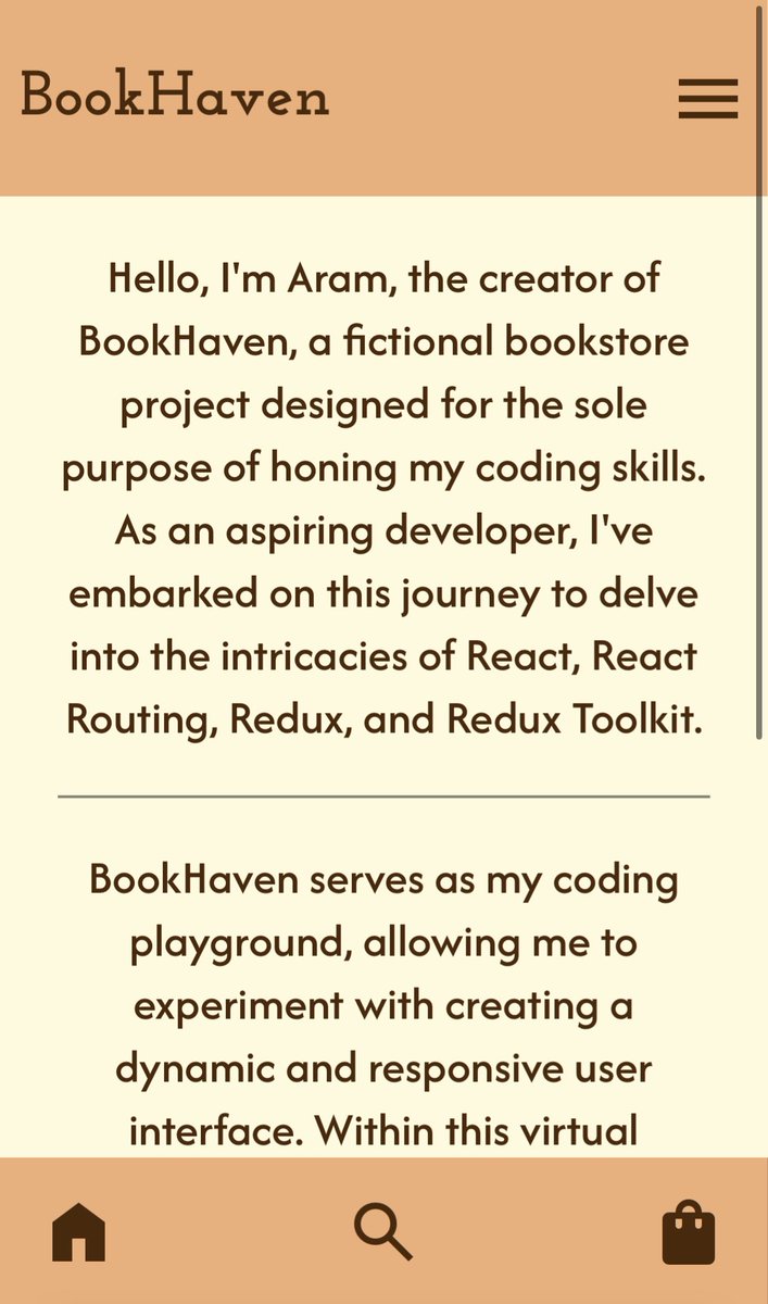 CodeAram's tweet image. Embarking on my BookHaven project! This is my first time designing mobile first! 🚀 Today's wins: Nav bars ✅, About page ✅, Routing & Redux hooked up ✅. Loving the React challenge! 💻📚 #CodingProgress #ReactJS #ReduxToolkit