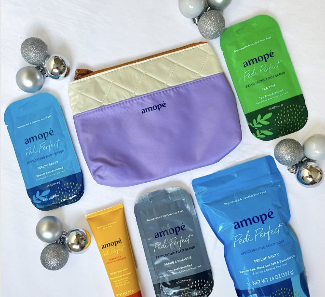 ✨ Treat yourself this holiday season. Our Pampering Kit comes with 5 limited-edition #amope products, including 3 sugar scrubs, 20-minute Foot Soak, Tired Leg &amp; Foot Rejuvenator, Foot &amp; Leg Scrubber, and a Luxury Storage Bag. 

Shop now: bit.ly/AmopeBundlesGi… #beaboldsole