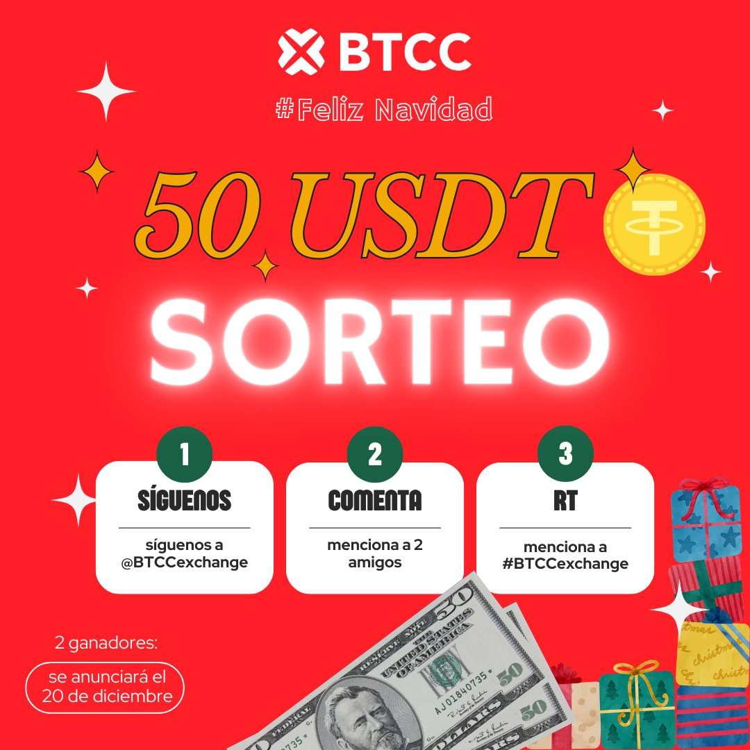 BTCCexchange's tweet image. Hola #LatinoAmérica, ¡Estamos regalando 50 USDT a 2 afortunados ganadores!

We are giving away $50 USDT to 2 lucky winners!

1⃣@BTCCexchange
2⃣ Comment + tag 2 friends  
3⃣ RT with #BTCCexchange

¡Buena suerte!🤩🎅