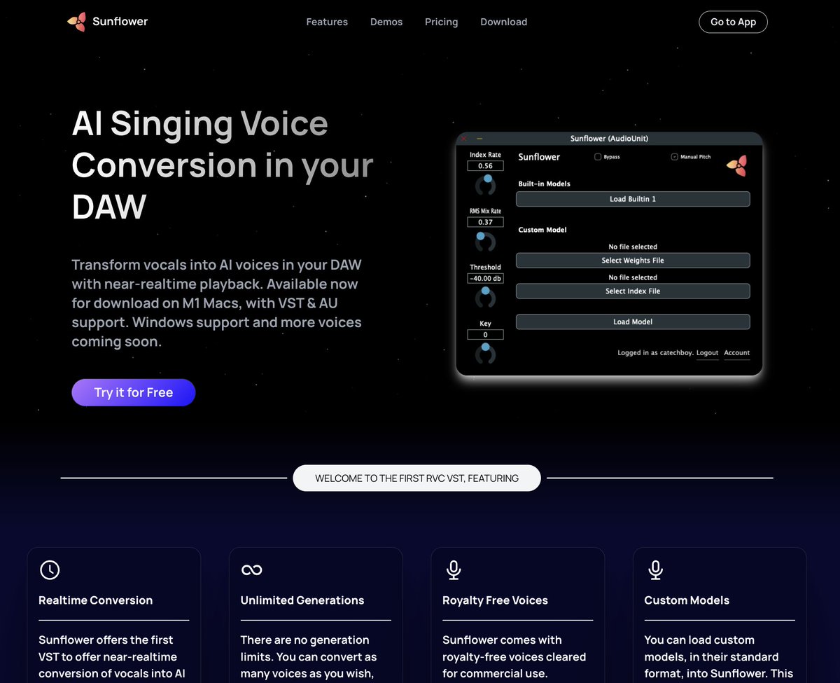 We are live at sunflower.industries!

Sunflower puts AI singing voice conversion in your DAW with unlimited generations, near realtime conversion, and custom model support.

Currently supported on M1 Macs and later.