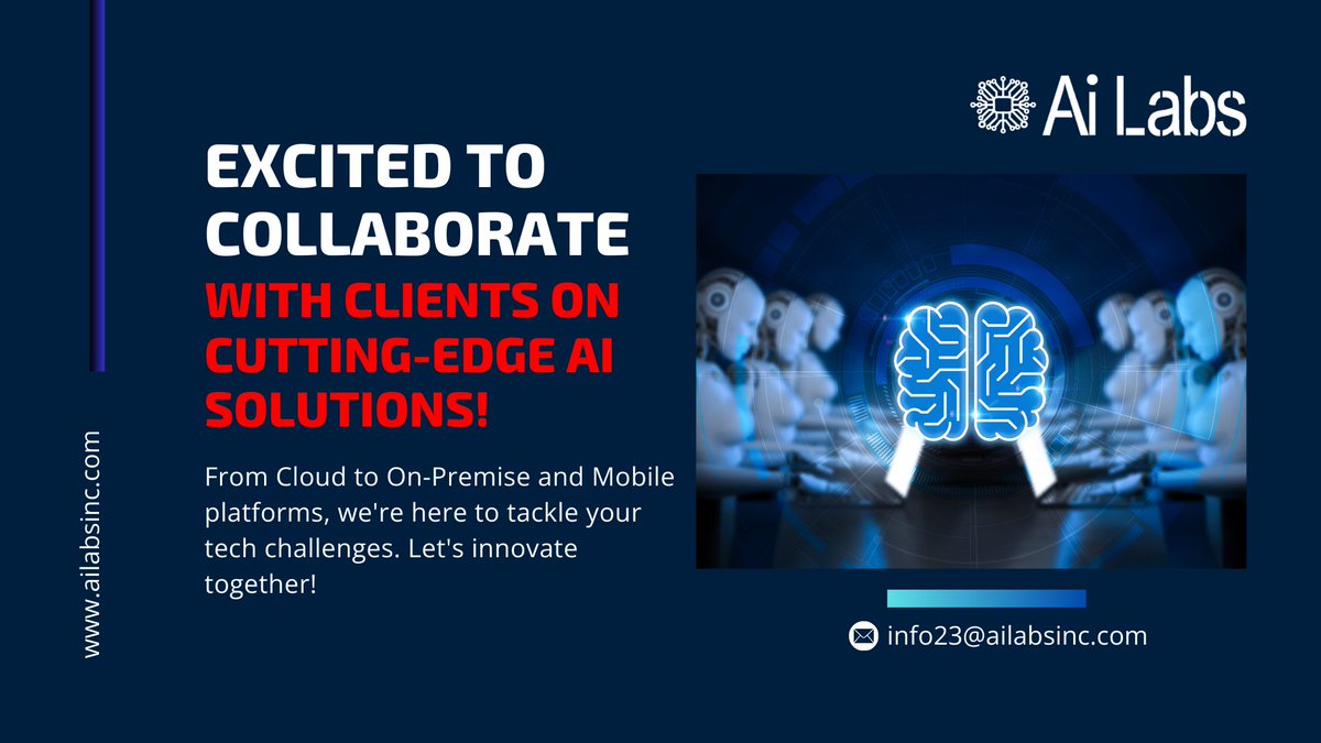 Excited to collaborate with clients on cutting-edge AI solutions! 🚀 From Cloud to On-Premise and Mobile platforms, we're here to tackle your tech challenges. Let's innovate together! 💻📲 #AiLabs #AIInnovation #TechSolutions #CloudComputing #MobileTech #InnovationHub #AIExperts