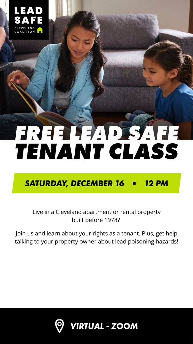 TOMORROW: FREE LEAD SAFE TENANT CLASS Join us and learn about your rights as a tenant. Plus, get help talking to your property owner about lead poisoning hazards! VIRTUAL – ZOOM Register: bit.ly/3H2FU3j #LeadSafeCLE #Cleveland #ClevelandHomes