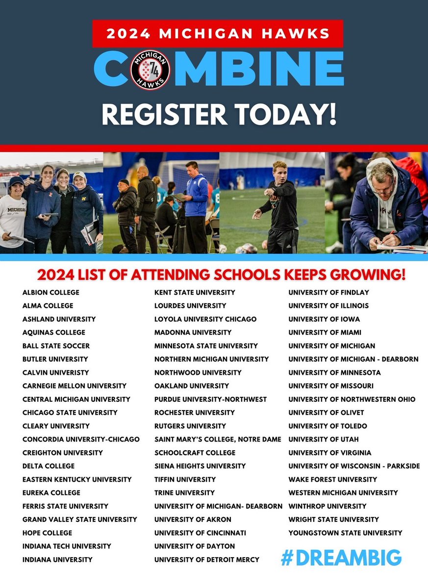 @Michigan_Hawks (@michigan_hawks) on Twitter photo The list of college coaches who have committed to come to <a href="/thsportscomplex/">Trinity Health Sports Complex</a> to our @michigan_hawks College Combine in January continues to grow. Register today at hawks.soccer/store/hawks-ca⦠and #dreambig! The list of college coaches who have committed to come to <a href="/thsportscomplex/">Trinity Health Sports Complex</a> to our @michigan_hawks College Combine in January continues to grow. Register today at hawks.soccer/store/hawks-ca⦠and #dreambig!