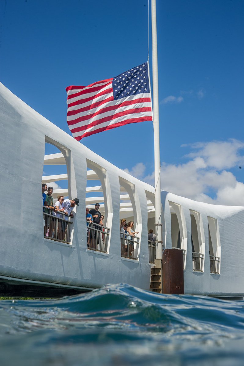 The United States flag flies from the Memorial’s flagpole, which is attached to the severed mainmast of USS Arizona. #PearlHarbor82