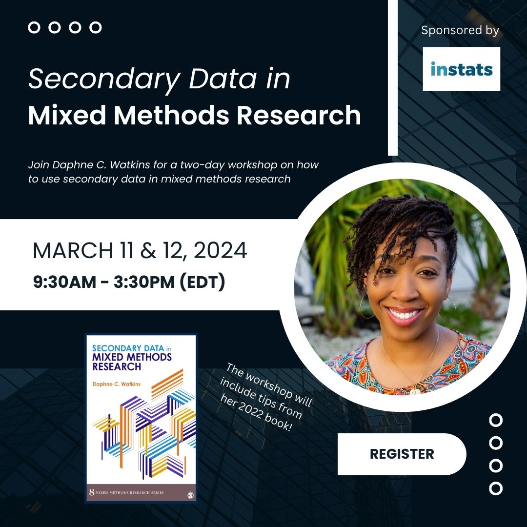 Registration is OPEN for my 2-day @InstatsS workshop on #secondarydata in #mixedmethods research. Join me as I share tips from my 2022 book on how to integrate secondary data into one or both phases of your mixed methods study. #MMR Register here: shorturl.at/uEMVZ
