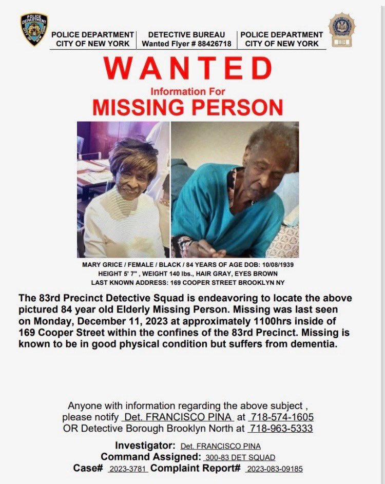 🚨Please share this missing person poster and reach out if you have any information. She was last seen in Bushwick, but may have travelled to Atlantic City. She is in good physical health, but suffers from dementia.