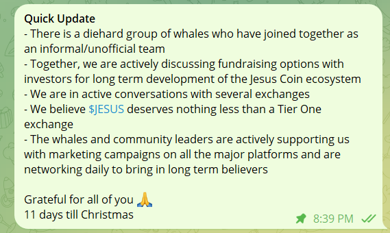 Update on $JESUS Coin

We've assembled a team 🫡