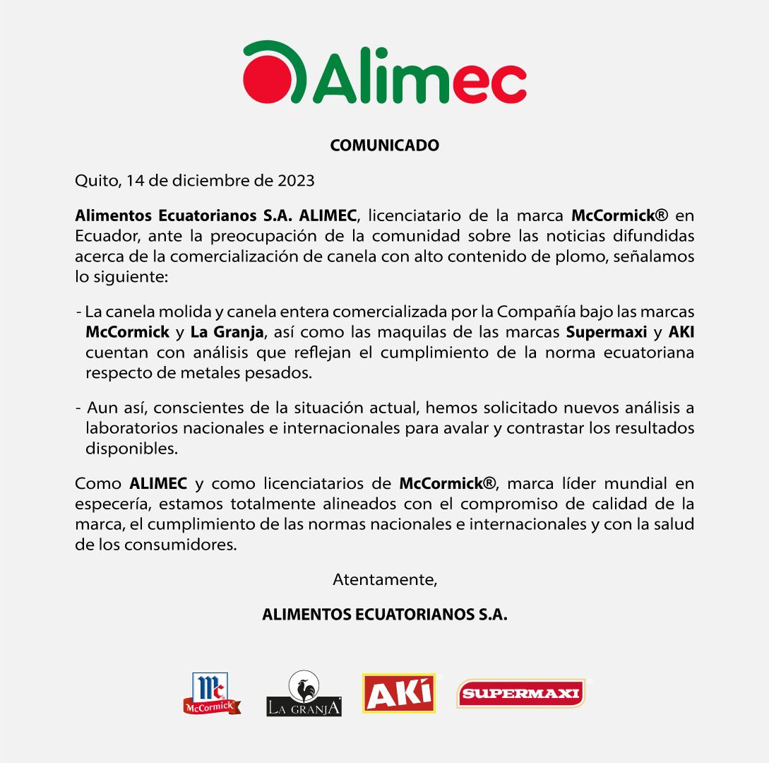 janethinostroza's tweet photo. #LARUTADELACANELA 
ALIMEC, licenciatario de la marca de condimentos Mckormick reacciona de manera positiva a nuestra investigación sobre la canela en polvo contaminada con plomo.  Aquí su comunicado. @Arcsa_Ec @Salud_Ec @visionariasec https://t.co/kr5S9jEpkz