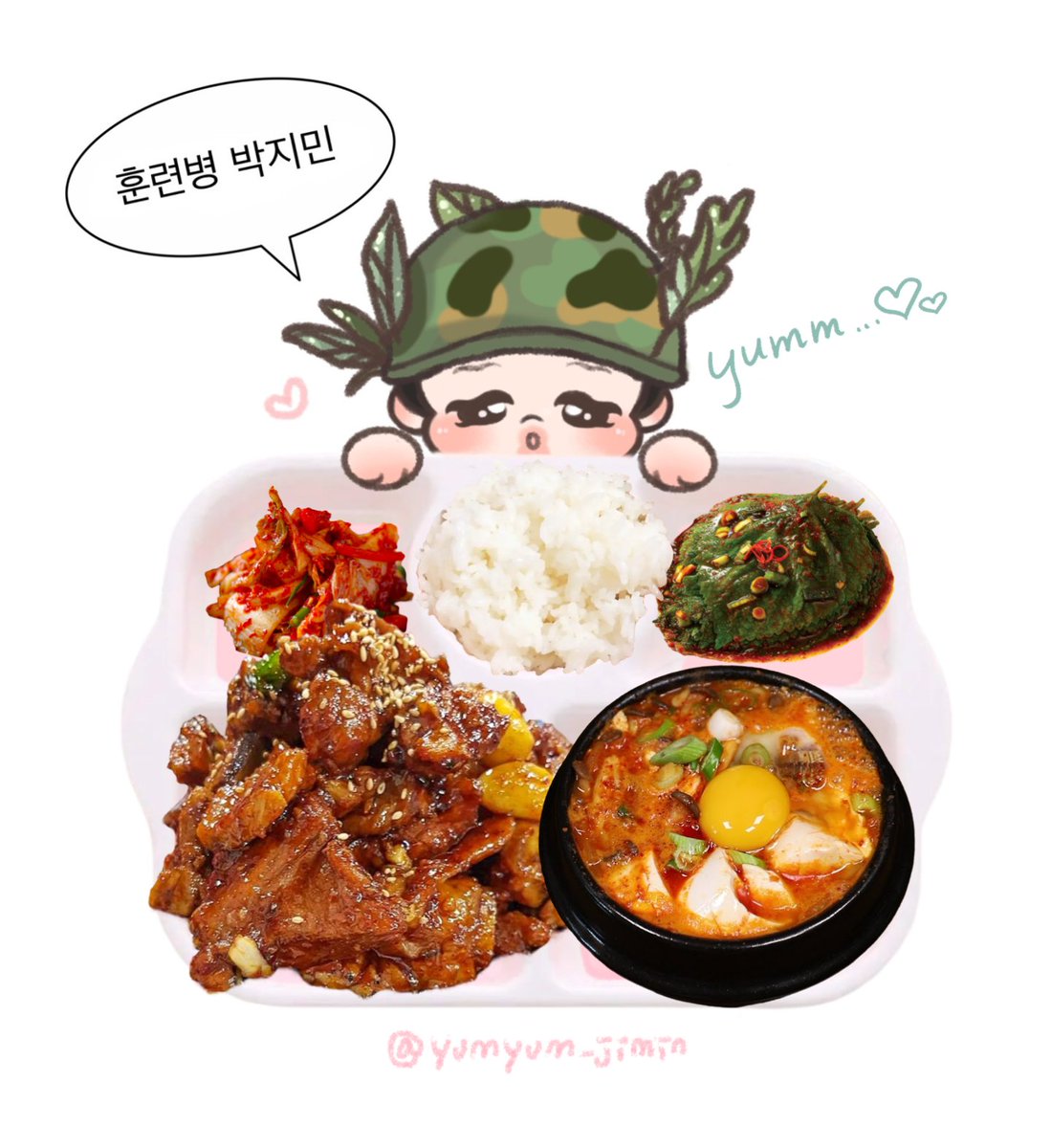 yumyum_jimin's tweet photo. 🪖 
( •᷄ɞ•᷅) 
231215 𝘿 - 544 💭 석식

♡ 밥
♡ 순두부찌개
♡ 파인애플돼지갈비찜
♡ 깻잎지
♡ 배추김치

⭑ Rice
⭑ Soft Tofu Soup
⭑ Steamed Pork Ribs with Pineapple Sauce
⭑ Pickled Perilla Leaves
⭑ Kimchi https://t.co/dHGj8F6p1h
