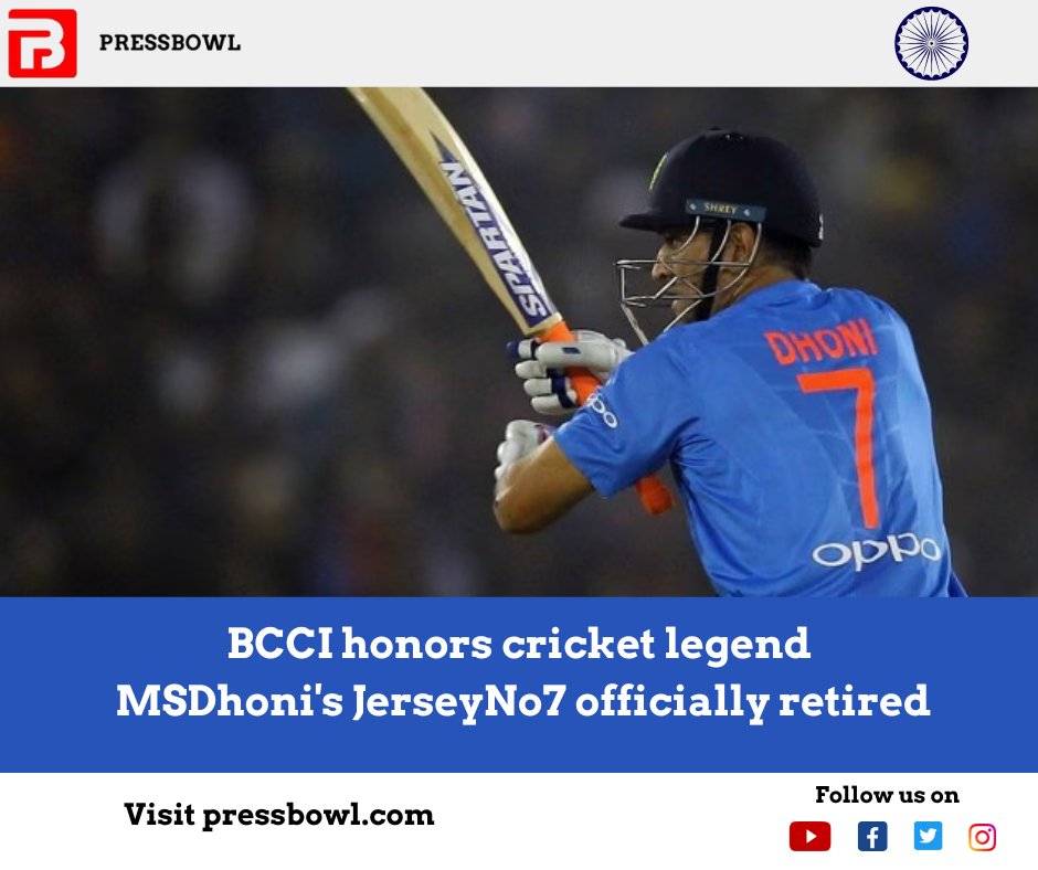 pressbowl's tweet photo. #BCCI honors #Cricket  legends - #MSDhoni's #JerseyNo7 officially retired, joining #SachinTendulkar's #JerseyNo10. A tribute to their incredible contributions. #CricketLegends #BCCI #HonoringIcons #Pressbowl https://t.co/eB0KaO2OYA