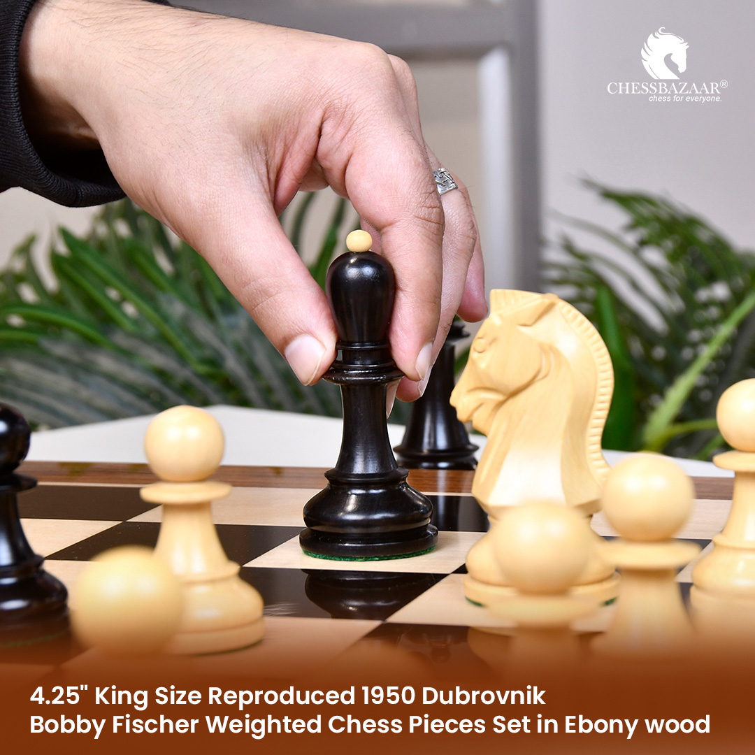 1950 Reproduced Dubrovnik Bobby Fischer Chessmen Version 3.0 in Ebony  Wood/Box Wood - 3.75 King