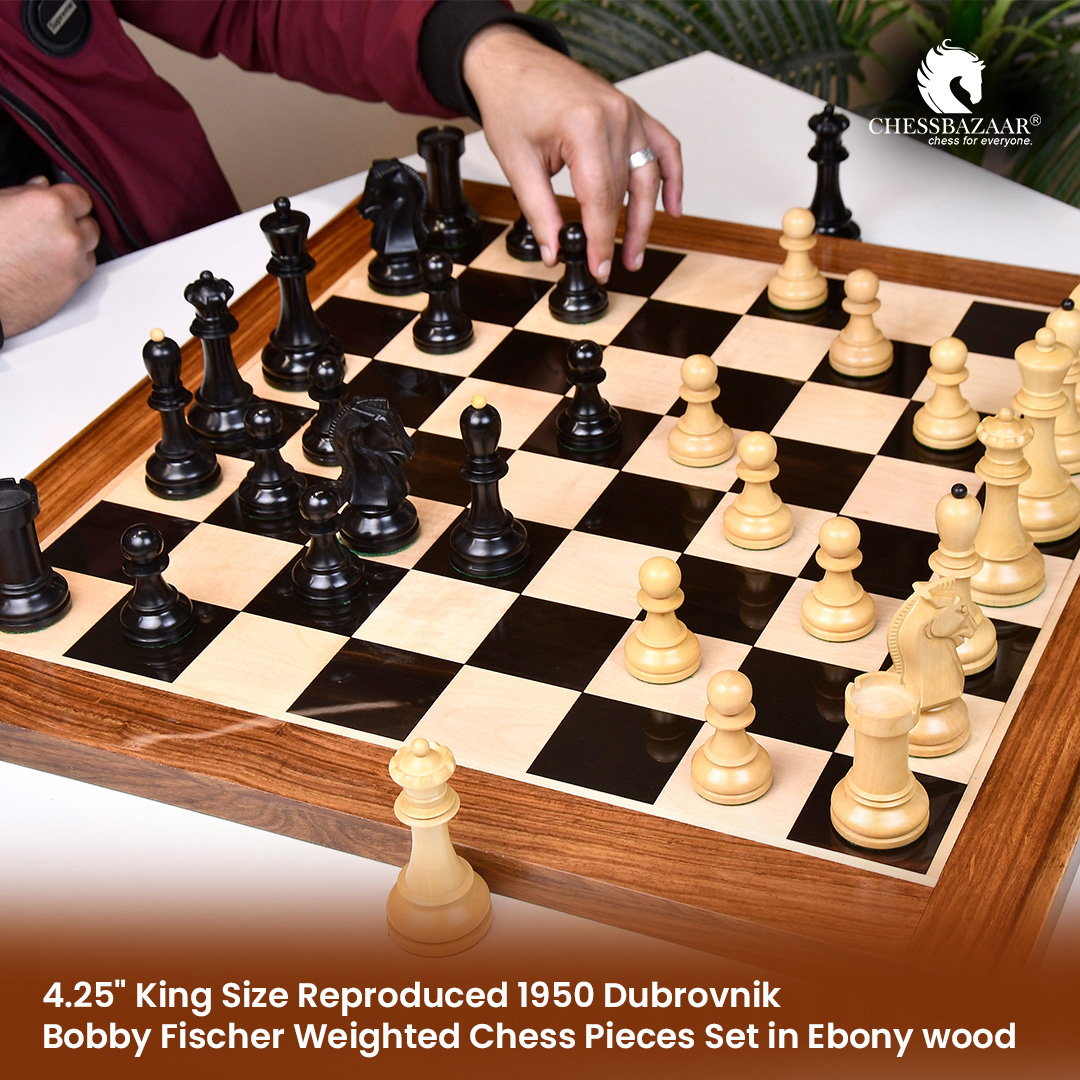 1950 Reproduced Dubrovnik Bobby Fischer Chessmen Version 3.0 in Ebony  Wood/Box Wood - 3.75 King