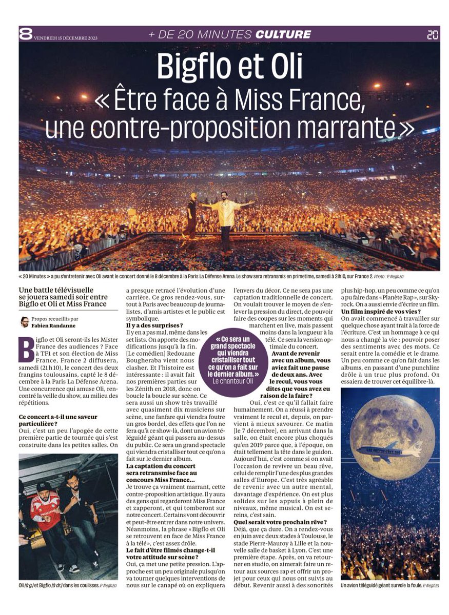 Ce matin dans <a href="/20Minutes/">20 Minutes</a> ! Merci <a href="/fabrandanne/">Fabien Randanne</a> 
Et demain à 21h10 sur <a href="/france2/">france2</a> , ne manquez pas « <a href="/bigfloetoli/">Bigflo & Oli 💿</a> , le grand concert » 🛩️🌖
Prod : <a href="/WeMakeFr/">WeMake</a> &amp; Golden Child