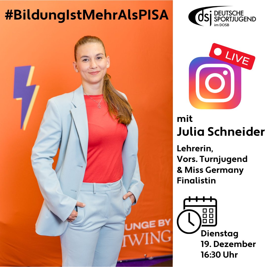 Deutsche Sportjugend (dsj) (@dsj4sport) on Twitter photo Instagram-Live zu #BildungIstMehrAlsPISA
Gespräch mit Julia Schneider <a href="/schndr_j/">Julia Schneider</a>, Lehrerin, Vorsitzende der Turnjugend & Miss Germany Finalistin am 19. Dezember um 16:30 Uhr
Mehr: brnw.ch/21wFlmM
dsj Instagram-Kanal: brnw.ch/21wFlmL
📸 Wendy Stephan Photography Instagram-Live zu #BildungIstMehrAlsPISA
Gespräch mit Julia Schneider <a href="/schndr_j/">Julia Schneider</a>, Lehrerin, Vorsitzende der Turnjugend & Miss Germany Finalistin am 19. Dezember um 16:30 Uhr
Mehr: brnw.ch/21wFlmM
dsj Instagram-Kanal: brnw.ch/21wFlmL
📸 Wendy Stephan Photography