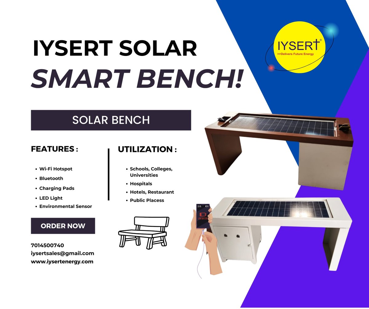 iysert's tweet image. IYSERT SOLAR SMART BENCH.
To Know more about us- iysertenergy.com
Contact Us- iysertsales@gmail.com
#smartbench #solarbench #SolarLights #makeinindia #Iysertsolarmission