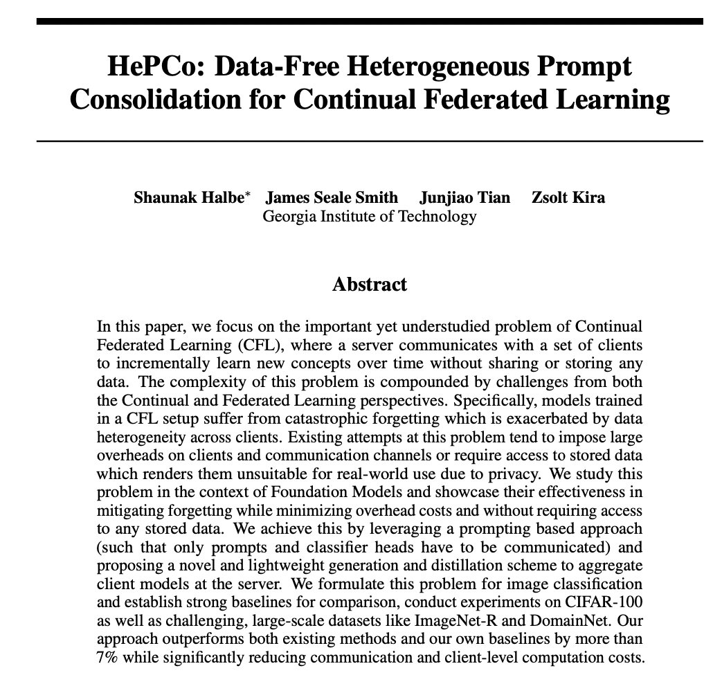 📢I'll be presenting our work 'HePCo' at the #NeurIPS23 R0FoMo workshop tmrw and as an oral talk at the FL@FM workshop on 16th! HePCo is a lightweight adapter learning and aggregation scheme for fine-tuning foundation models under continual, heterogeneous data distributions.🧵