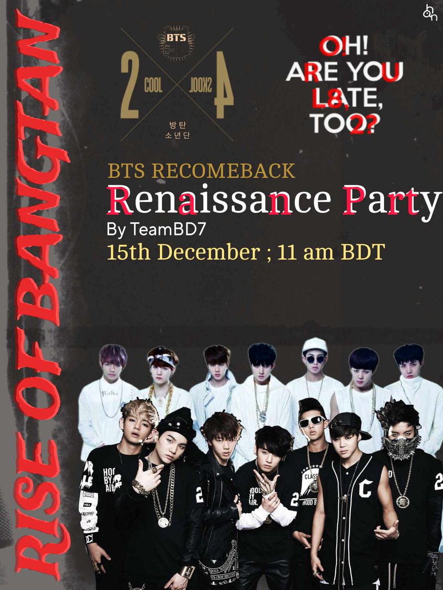 'THE RISE OF BANGTAN' RENAISSANCE PARTY🎉 To celebrate the re-comeback of Bangtan Boys,TeamBD7 has arranged a Renaissance Party focusing on No More Dream,Attack On Bangtan,Solo & BTS songs! Make sure to join & invite others! Party link: ren.fm/RKvY9i8hbq1y2f… BTS IS COMING