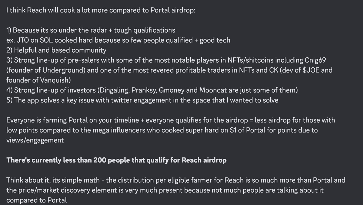 If you farming portal might as well farm @getreachxyz !

Less than 200 have qualified for the Reach airdrop which is crazy! Major investors are in presale. December 18th is your deadline! 

Here are few points to check below but hurry!

discord.gg/getreach
referral: oCF2Ef