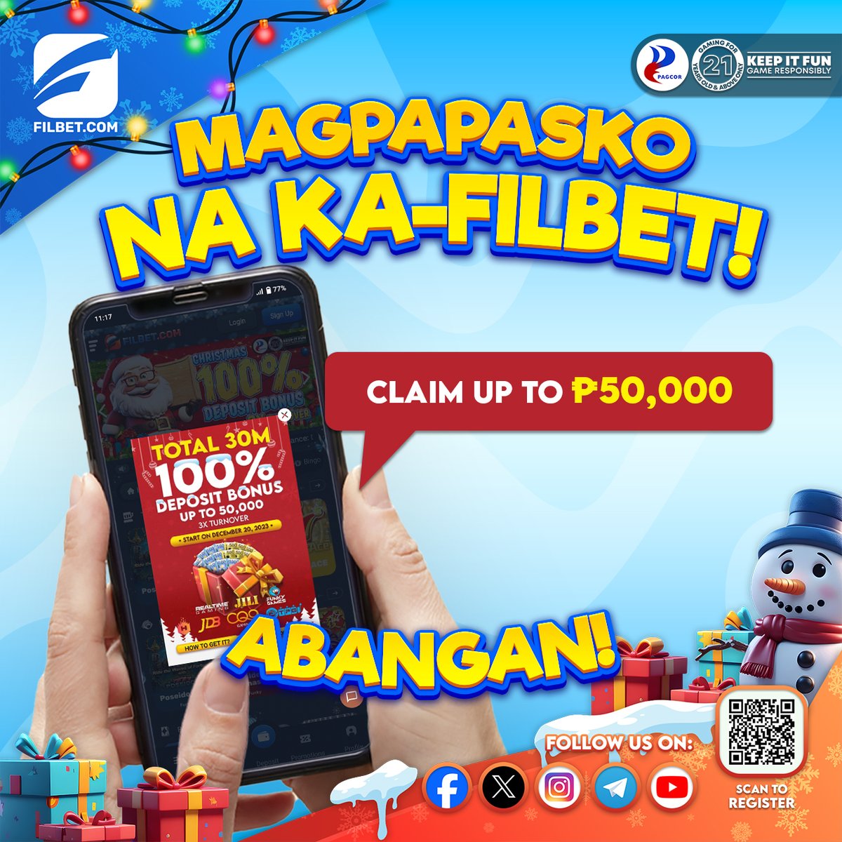 Filbet_ph's tweet photo. Abangan this December 20, 2023 mga Ka-Filbet! Mamimigay kami up to 30MILLION! COMING SOON IN https://t.co/J5yPSx3BGK!
Register here: https://t.co/8HYcmYhuKw
#ChristmasBonus #Depositbonus #100Bonus #Filbet #Pagcorlicense #onlinecasino #OnlineGames https://t.co/luUAXksRfH
