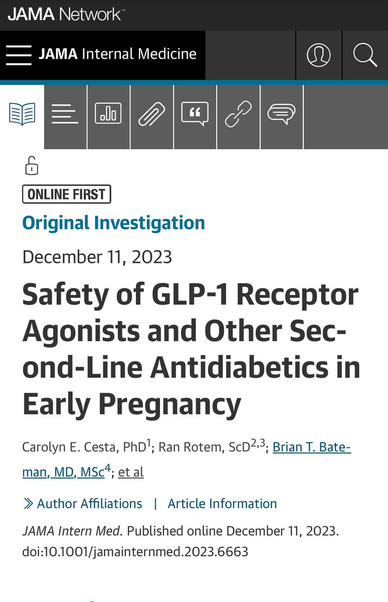 This multinational population-based cohort @JAMAInternalMed study of >50, 000 🤰 🫄 with type 2 diabetes & their 👶🏻 👶🏻 did not find ⬆️ risk of malformations after periconceptional use of sulfonylureas, DPP4i, GLP-1RA or SGLT2i compared with insulin. jamanetwork.com/journals/jamai…