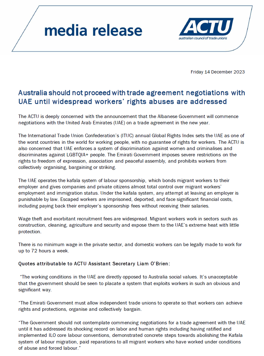 Media release: Australia should not proceed with trade agreement negotiations with UAE until widespread workers’ rights abuses are addressed