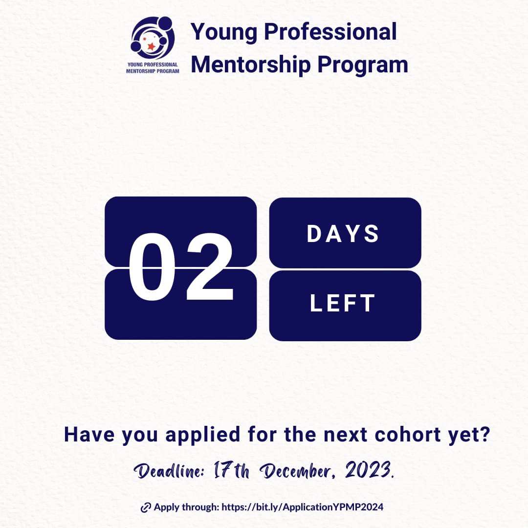 YPMP_Ug's tweet photo. 📢Attention, aspiring professionals! The deadline for applications to the Young Professional Mentorship Program is just two days away. Don't miss this opportunity to elevate your career. Apply now through the link below.
👇🏿
https://t.co/SzqpdEak0z

#Mentorship #CareerDevelopment https://t.co/iGPIRARlUI