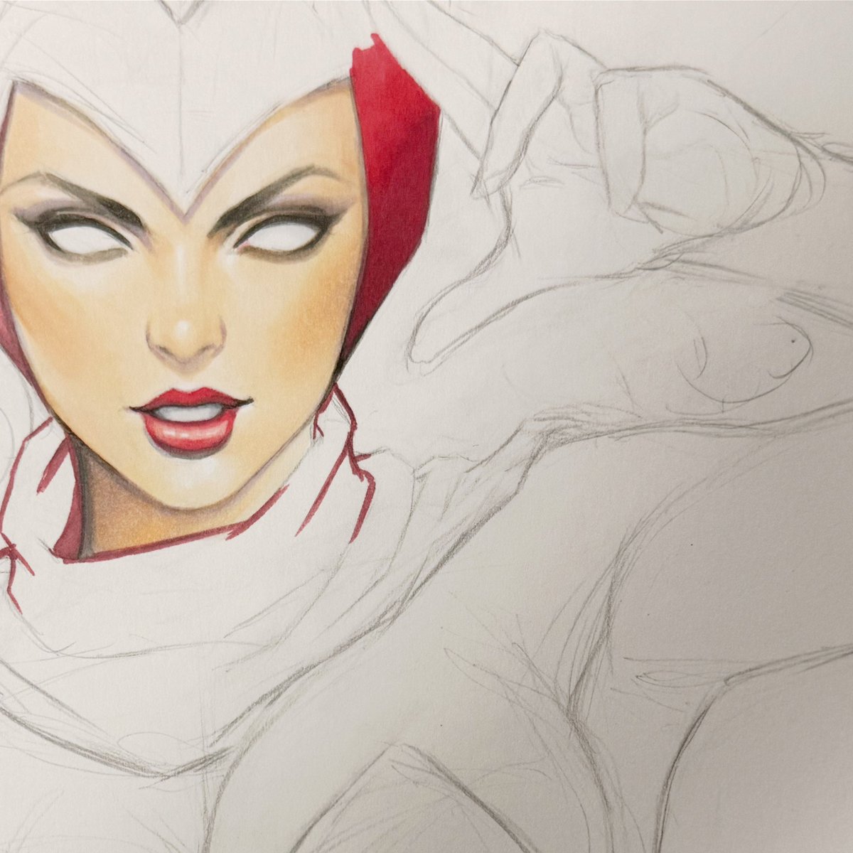 #wip of Scarlet Witch. This is usually what my pieces look like when they are just coming together 🫣 Usual tools: copics, multi liners and pencil on Bristol paper. #wandamaximoff