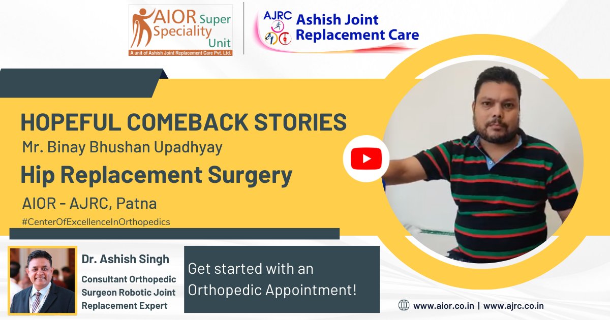 Watch Binay Upadhyay from Chapra sharing his experience on safe and successful treatment at Anup Super Specialty Unit @ AIOR- AJRC Patna

Watch Our Video : youtube.com/shorts/4bjwaEa…

#aior #drashishsingh  #orthopaedicsurgeon  #jointreplacement #hipreplacementsurgery