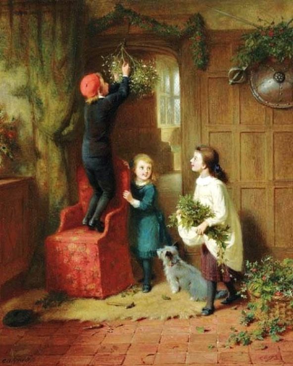 George Bernard O'Neil (Anglo-Irish, 1828-1917)
'Hanging Misletoe' - 1892
Oil on panel. ~