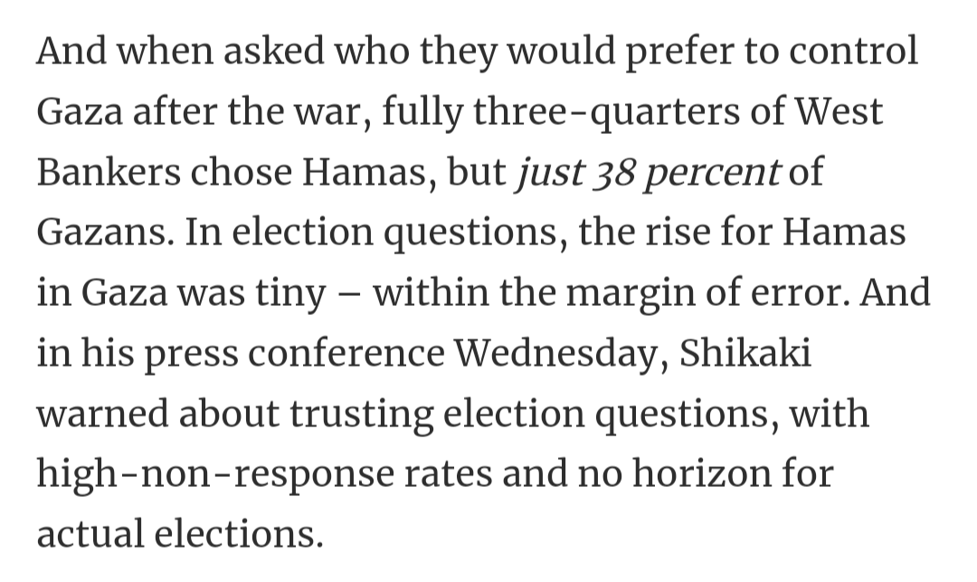 Good observations from @dahliasc on the latest poll of Palestinian public opinion, particularly this one. For years there has been a gap between the West Bank and Gaza in their support for Hamas, and over the past two months that gap has grown into a chasm haaretz.com/israel-news/ha…