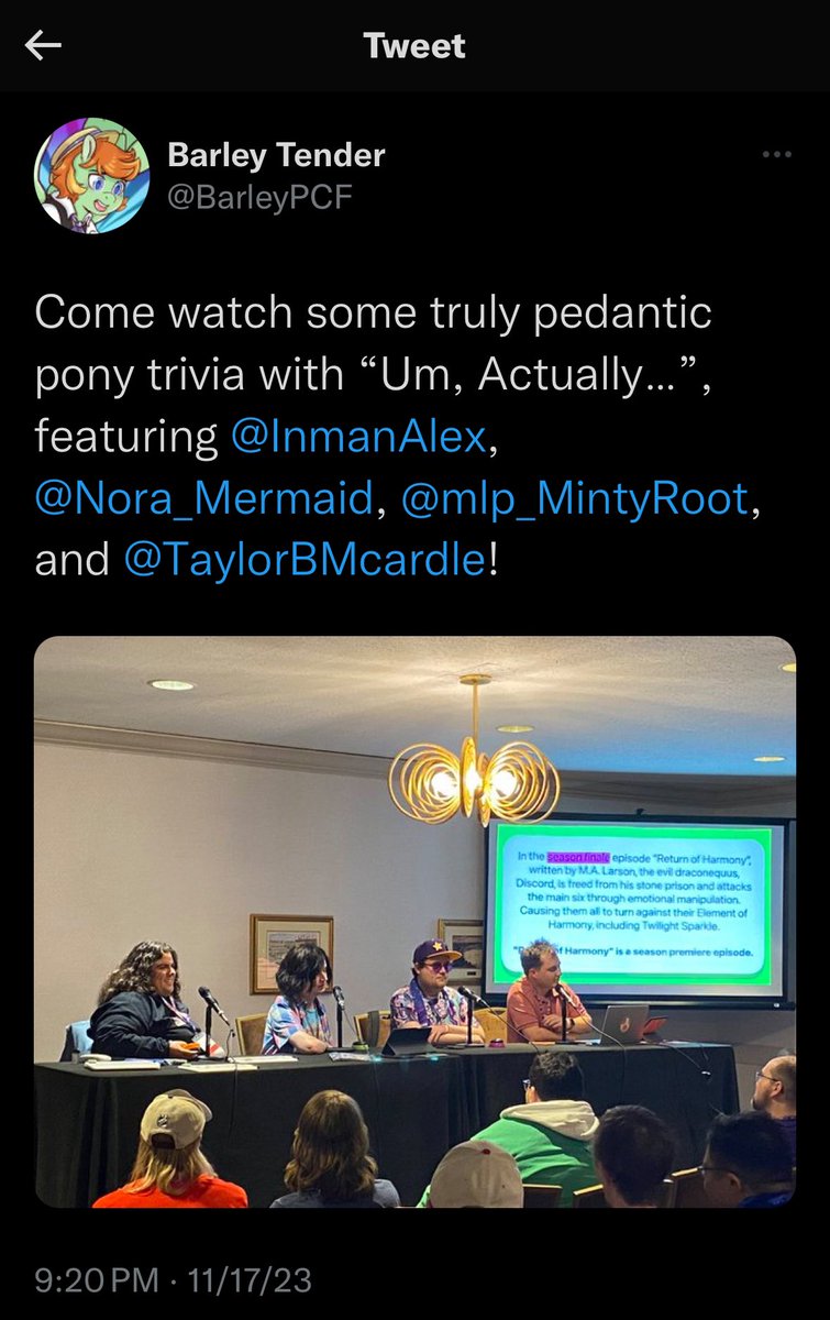 InmanAlex's tweet photo. Thank you SO MUCH to @LuckRockMusic for accepting my first convention panel at @PonyCiderfest.
And thank you again to @Nora_Mermaid, @Minty_Root, and @TaylorBMcardle for agreeing to be my contestants. I could not have made this so special without all of you.
#PVCFThanks #PVCF2023 https://t.co/gkFQNesPm9