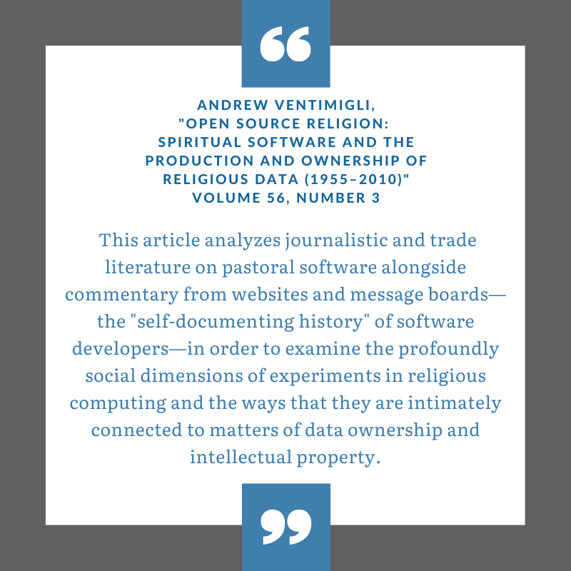 Are you interested in the intertwined accounts of open source movements and religion? Check out Open Source Religion: Spiritual Software and the Production and Ownership of Religious Data (1955–2010) here by Andrew Ventimiglia - muse.jhu.edu/article/836137