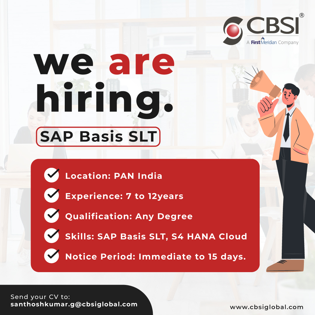 Passionate about SAP Basis SLT? We're hiring! Join us to revolutionize data replication. Send your CV to santhoshkumar.g@cbsiglobal.com and be part of our tech journey. 
-
#NowHiring #SAPIntegration #SAPBasis #SLT #SAPJobs  #TechCareers #CBSI