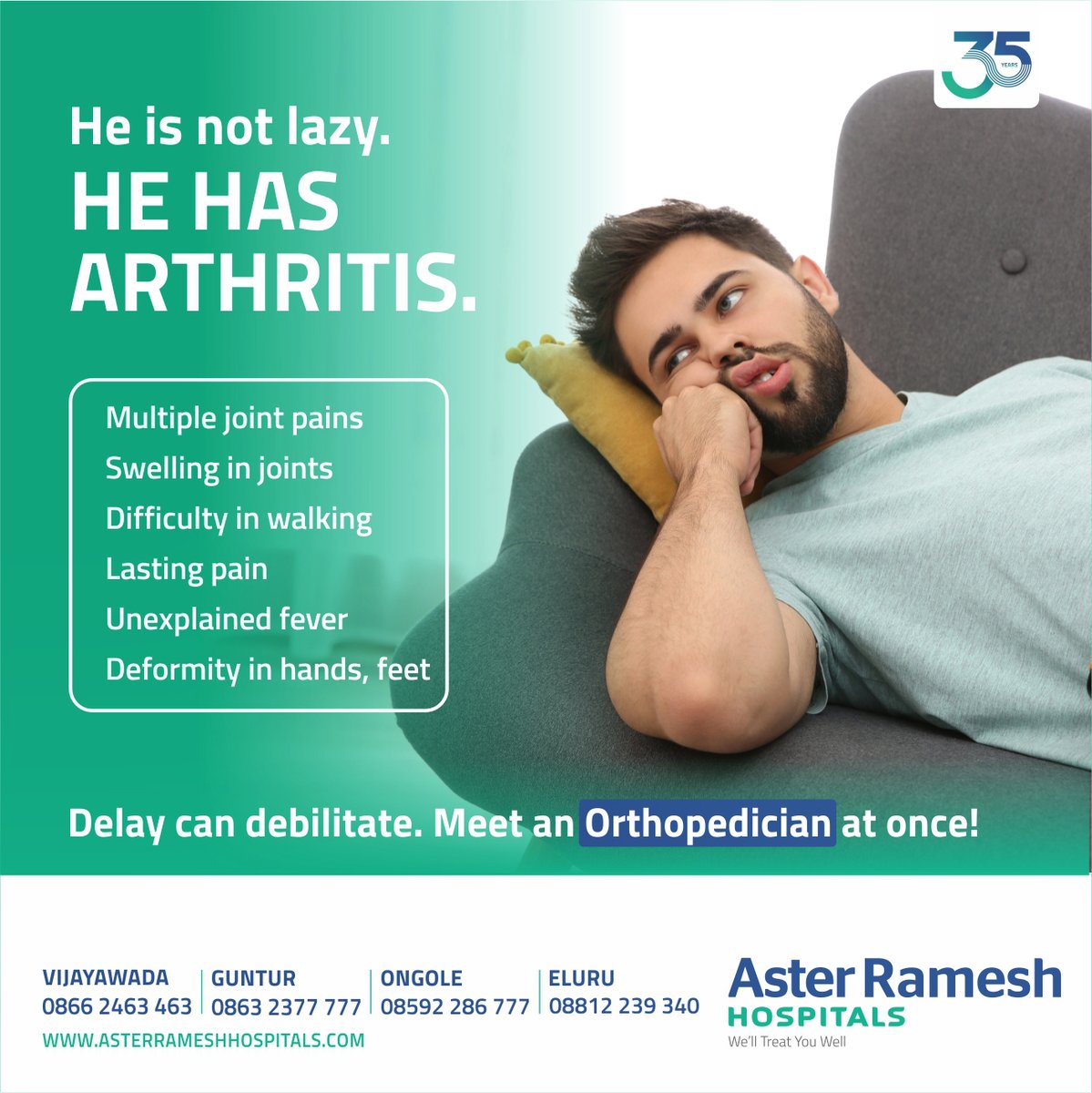 AsterRamesh's tweet image. Arthritis is caused by damage to a joint&apos;s cartilage. The pain and restricted movement can result in an inability to carry out daily tasks. On experiencing symptoms, consult our Orthopedician.
#asterrameshhospital #arthritisproblems #arthritissymptoms #arthritisrelief