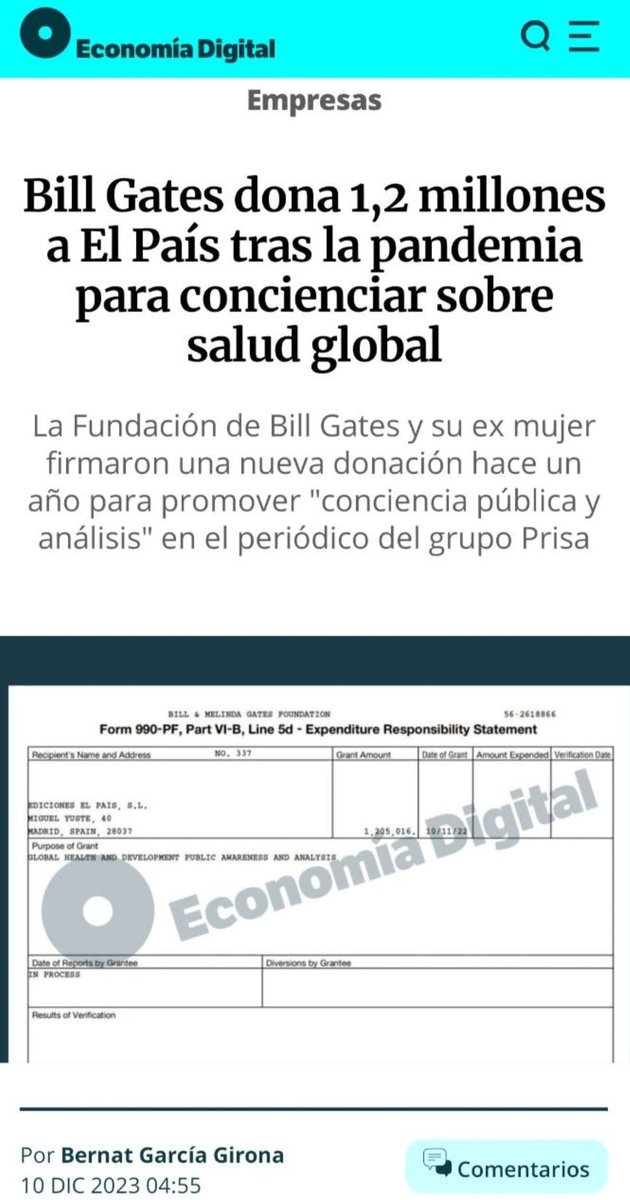 Así controlan los medios. Bill Gates dona 1,2 millones a El País tras la pandemia para concienciar sobre salud global. La Fundación de Bill Gates y su ex mujer firmaron una nueva donación hace un año para promover conciencia pública y análisis en el periódico del grupo Prisa