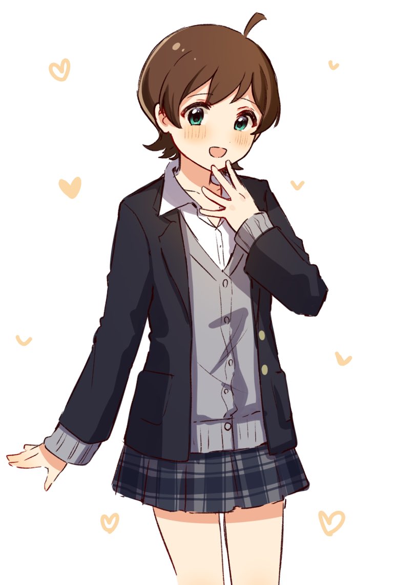 1girl solo brown hair skirt short hair school uniform ahoge  illustration images