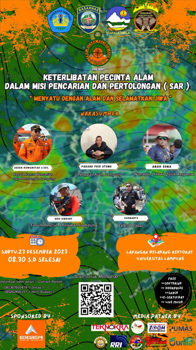 Assalamualaikum Wr. Wb.

𝐒𝐀𝐋𝐀𝐌 𝐋𝐄𝐒𝐓𝐀𝐑𝐈 !!!

Mahasiswa Pecinta Alam Universitas Lampung (MAPALA UNILA) Bersama dengan Kantor Badan Search and Rescue Nasional (BASARNAS) Provinsi Lampung akan mengadakan Kegiatan Temu Wicara. 

Kegiatan Temu Wicara dengan  tema “Menyatu