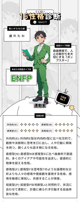 今流行ってる #GRAVITY16性格診断 受けてみた！ 私の性格タイプは #ENFP だった！ 細かい診断結果が見れて面白い🤣 みんなもやってみてね！  https://t.co/cSVy9gqrad<a href="/tag/gravity16%E6%80%A7%E6%A0%BC%E8%A8%BA%E6%96%AD"class="tags">#GRAVITY16性格診断</a><a href="/tag/enfp"class="tags">#ENFP</a>